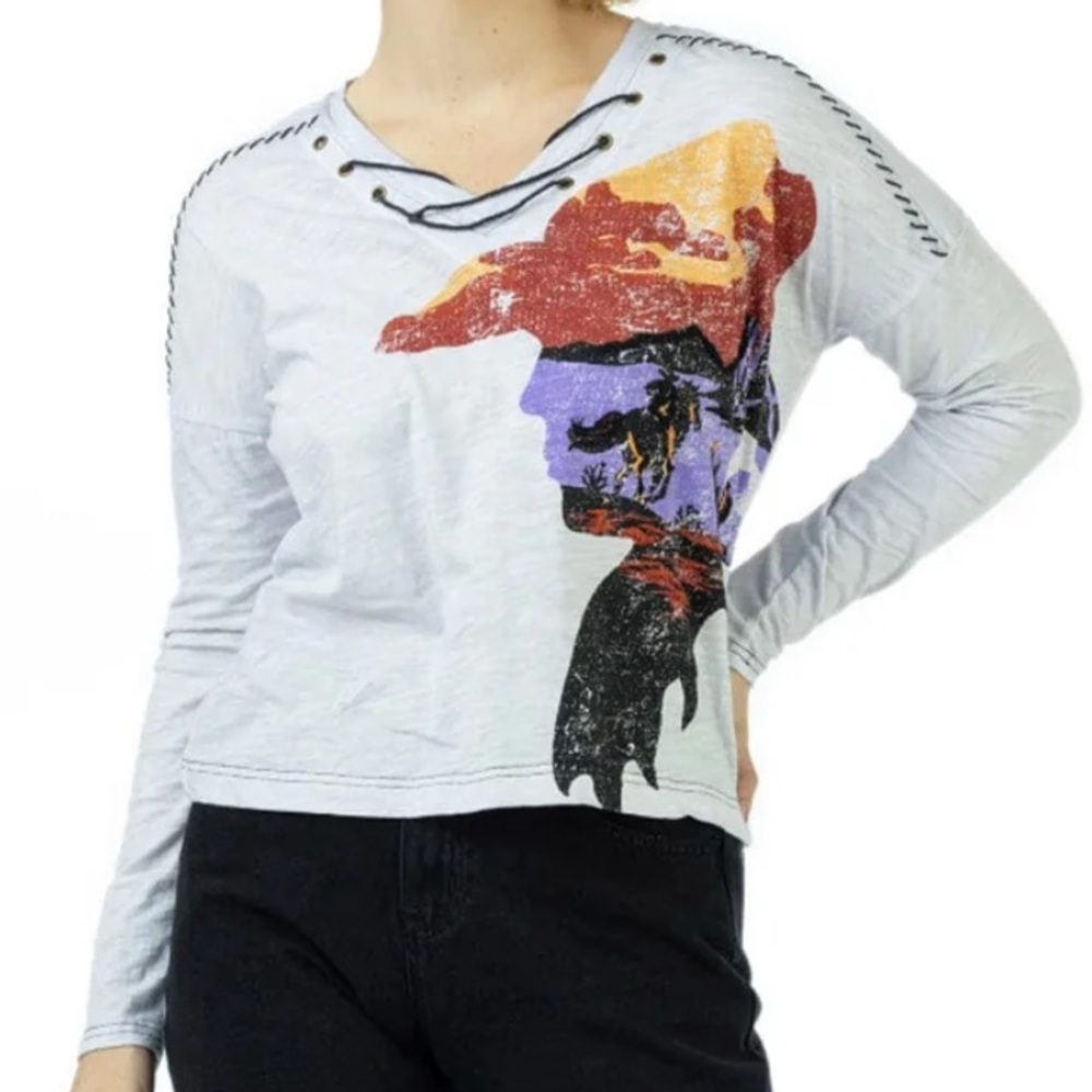 DOUBLE D RANCH On The Lam Graphic Lace-Up Top 100% cotton shirt v-neck sz large